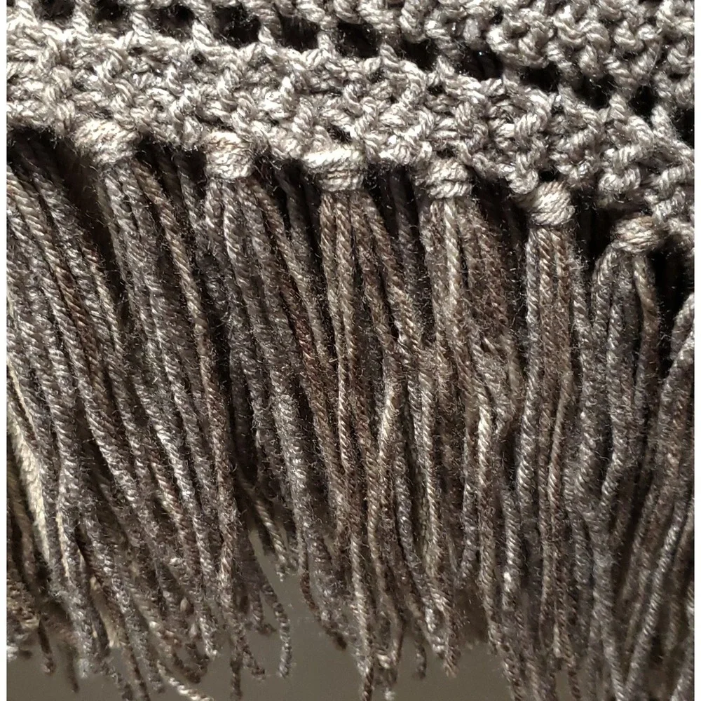 NEW‎ Taupe Metallic Hand Knitted Shawl Wrap Scarf Boho Hippie Fringe Art Cottage